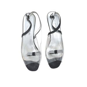 Vintage (60’s/70’s) Kemps Shoe Salon Clear PVC & Black Faille Crystal Bow 9